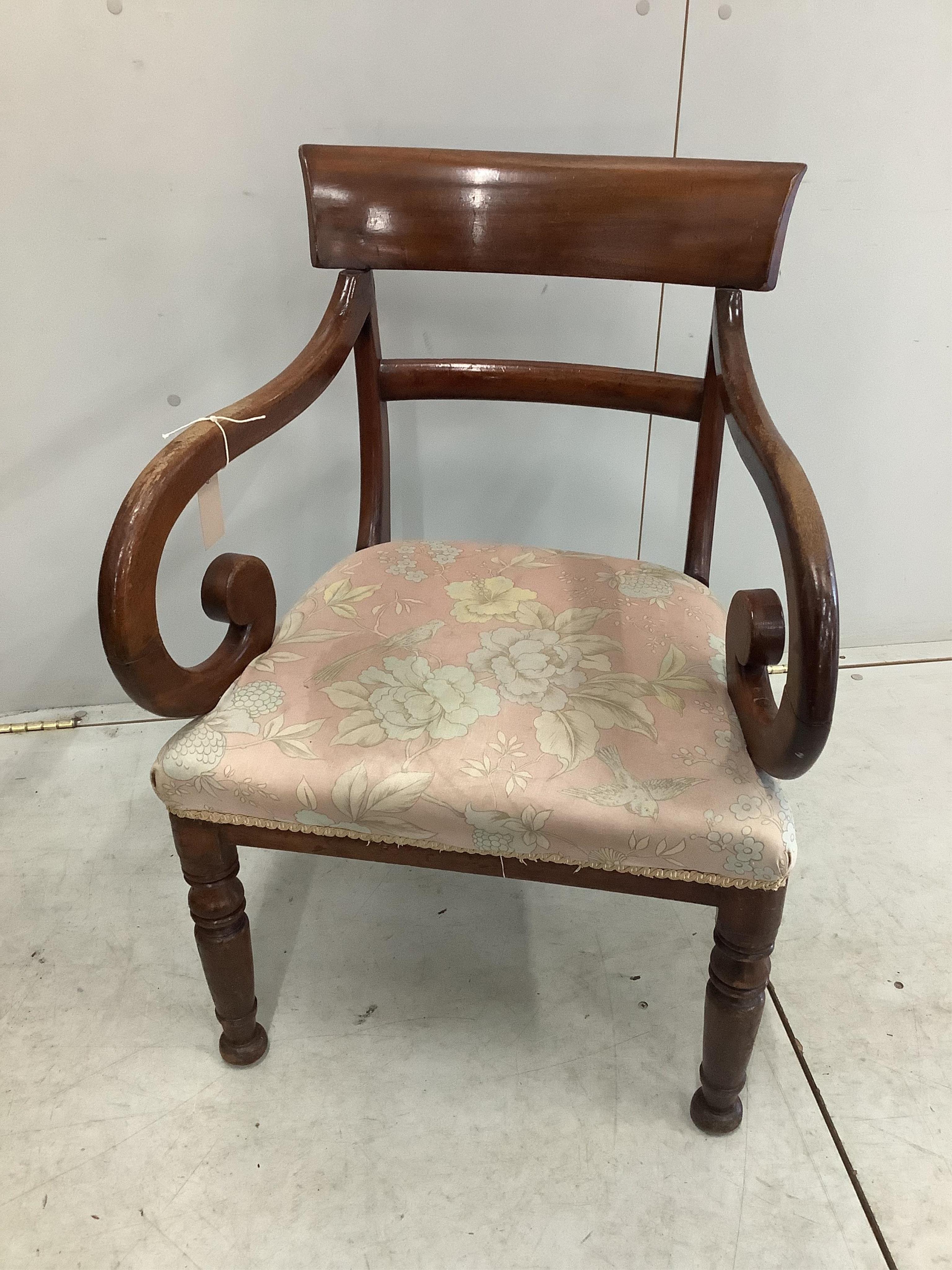 A Victorian folding chair with carpet upholstery and a Regency mahogany elbow chair. Condition - poor to fair